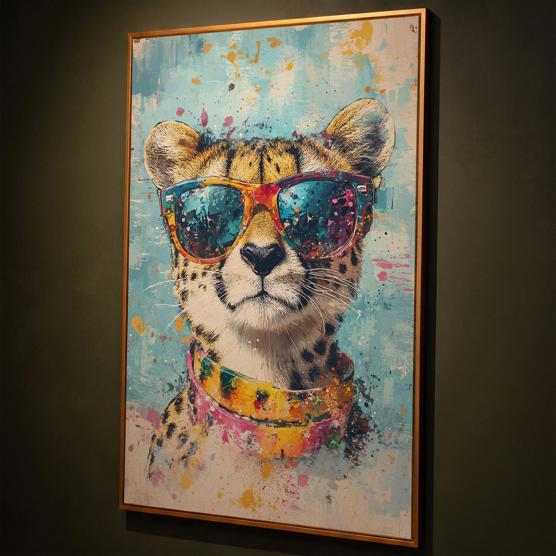 Cheetah in Sunglasses Canvas Print shown in antique gold floating frame