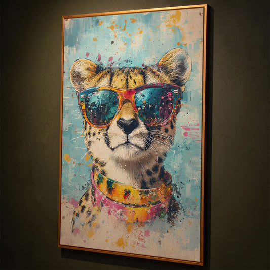 Cheetah in Sunglasses Canvas Print shown in antique gold floating frame
