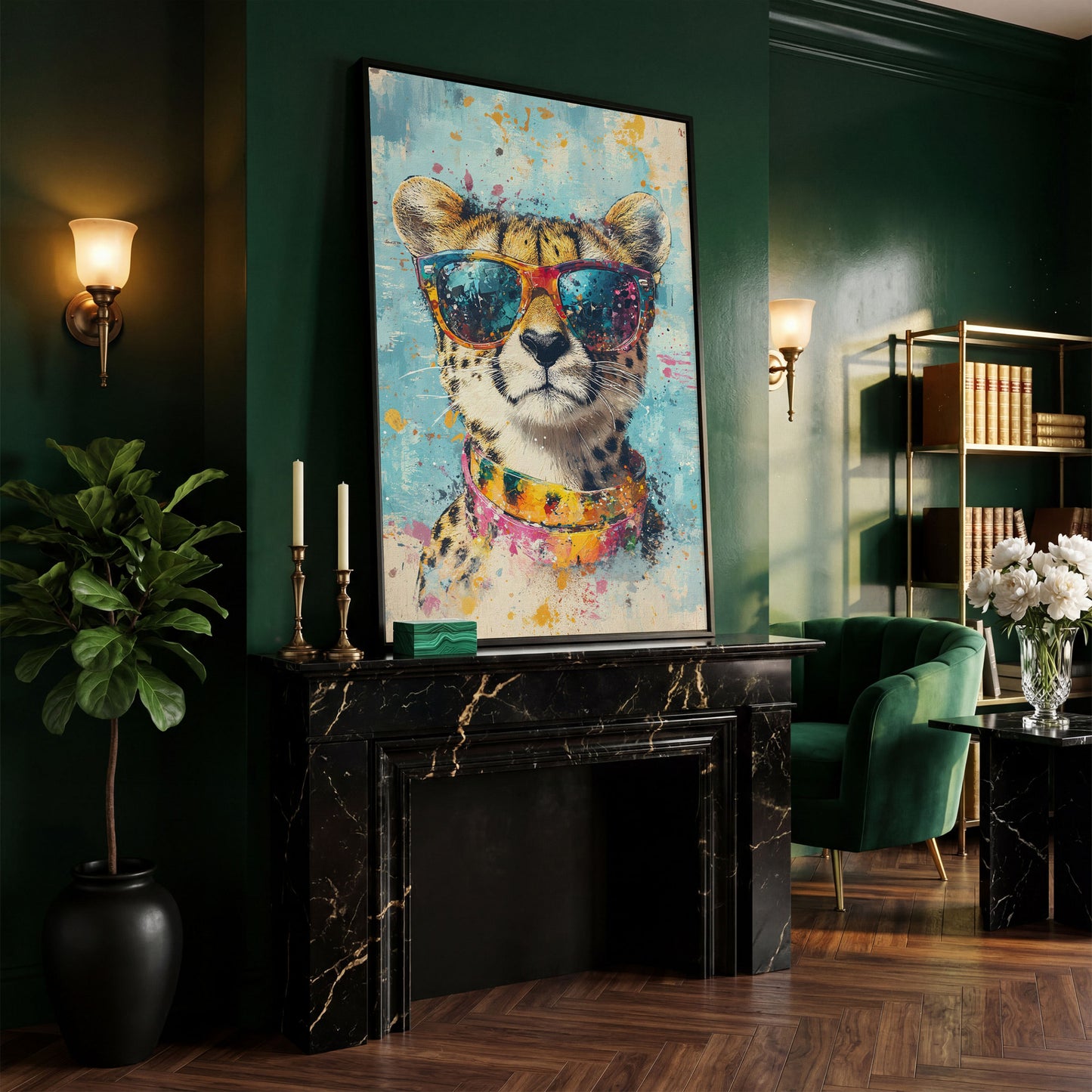 Cheetah in Sunglasses Canvas Print in black floating frame