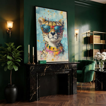 Cheetah in Sunglasses Canvas Print in black floating frame