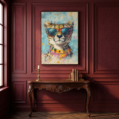 Cheetah in Sunglasses Canvas Print in dark walnut floating frame