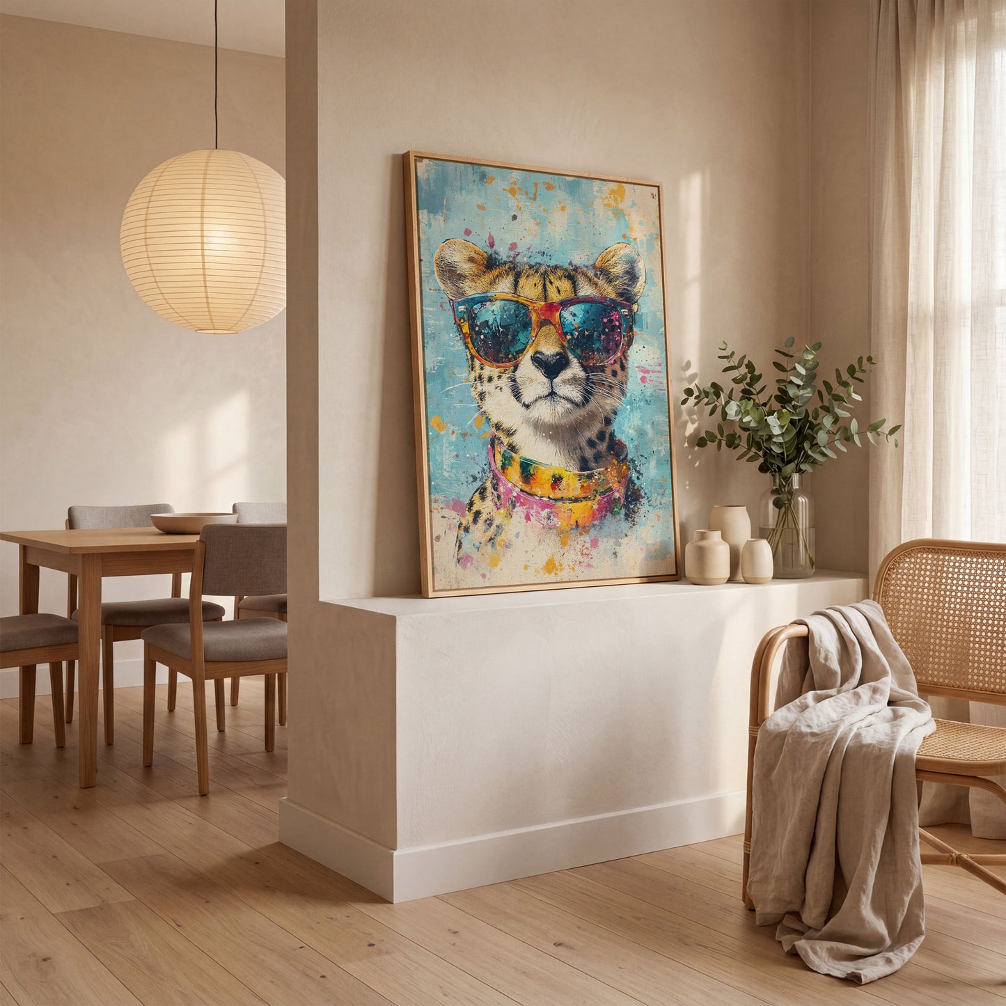 Cheetah in Sunglasses Canvas Print in white oak floating frame