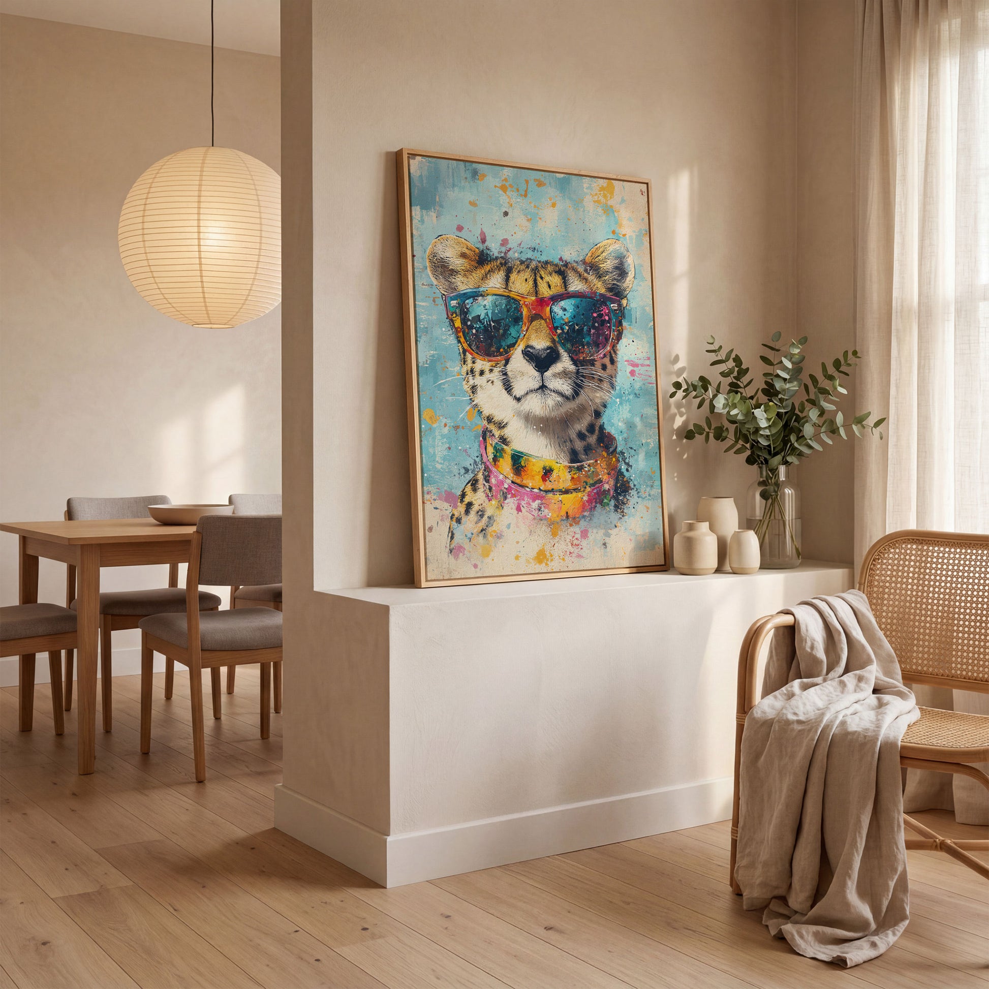 Cheetah in Sunglasses Canvas Print in white oak floating frame