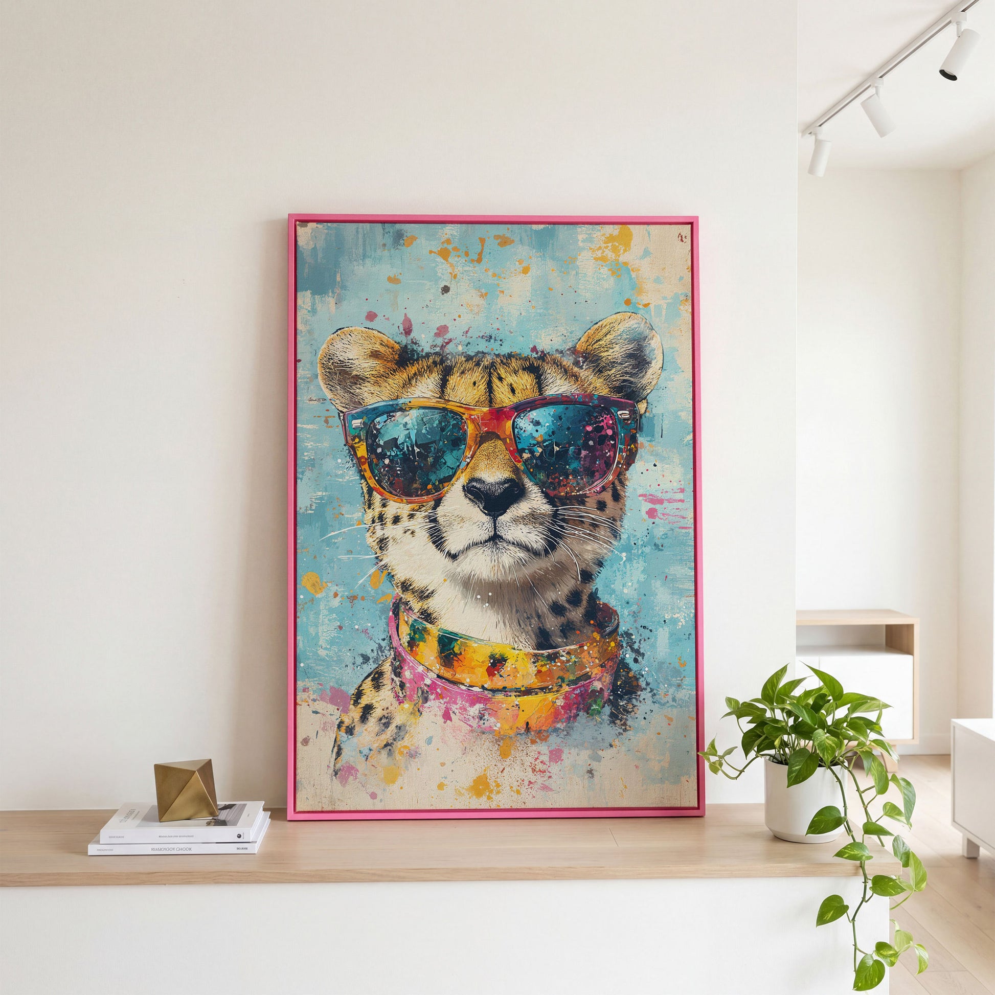 Cheetah in Sunglasses Canvas Print in pink floating frame
