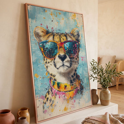 Cheetah in Sunglasses Canvas Print in rose gold floating frame