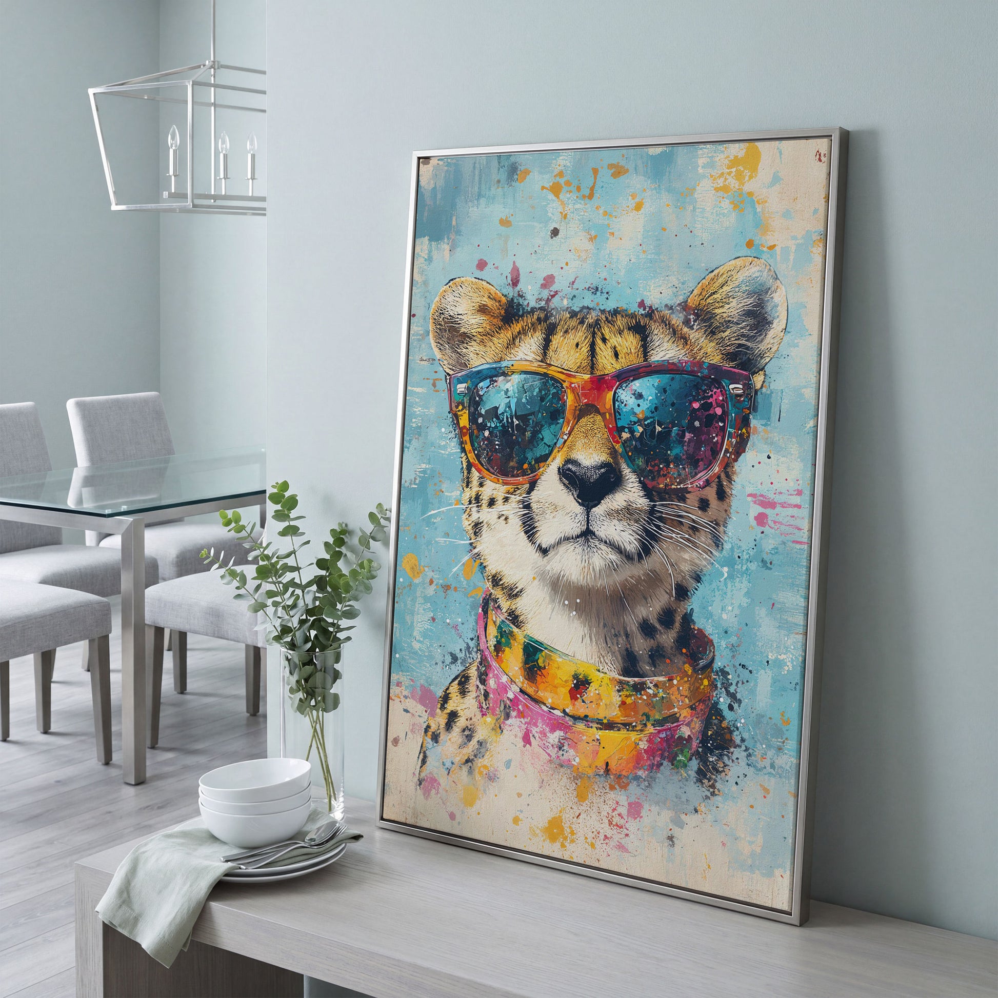 Cheetah in Sunglasses Canvas Print in silver floating frame