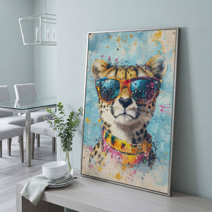 Cheetah in Sunglasses Canvas Print in silver floating frame
