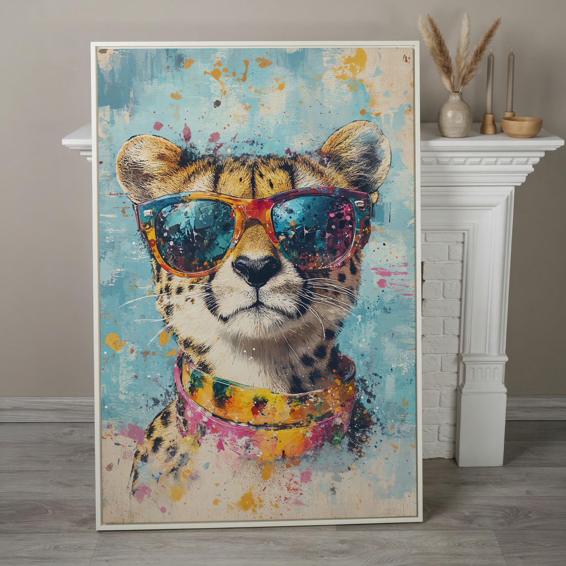 Cheetah in Sunglasses Canvas Print in white floating frame