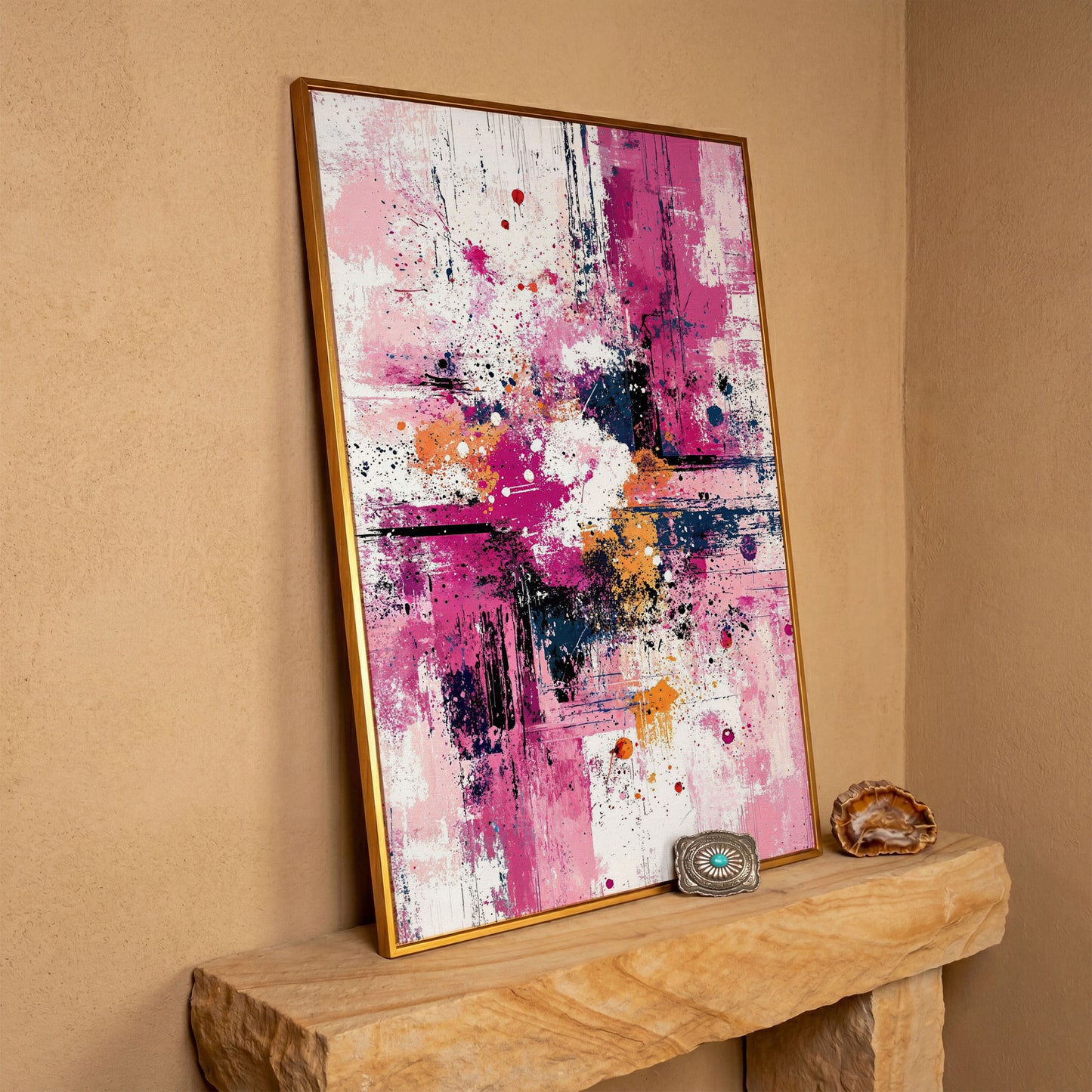 Pink Abstract Canvas with Layered Brushwork in antique gold floating frame