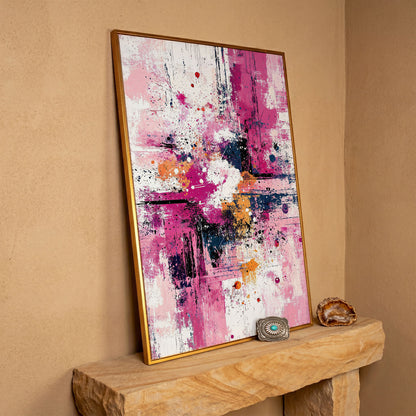 Pink Abstract Canvas with Layered Brushwork in antique gold floating frame