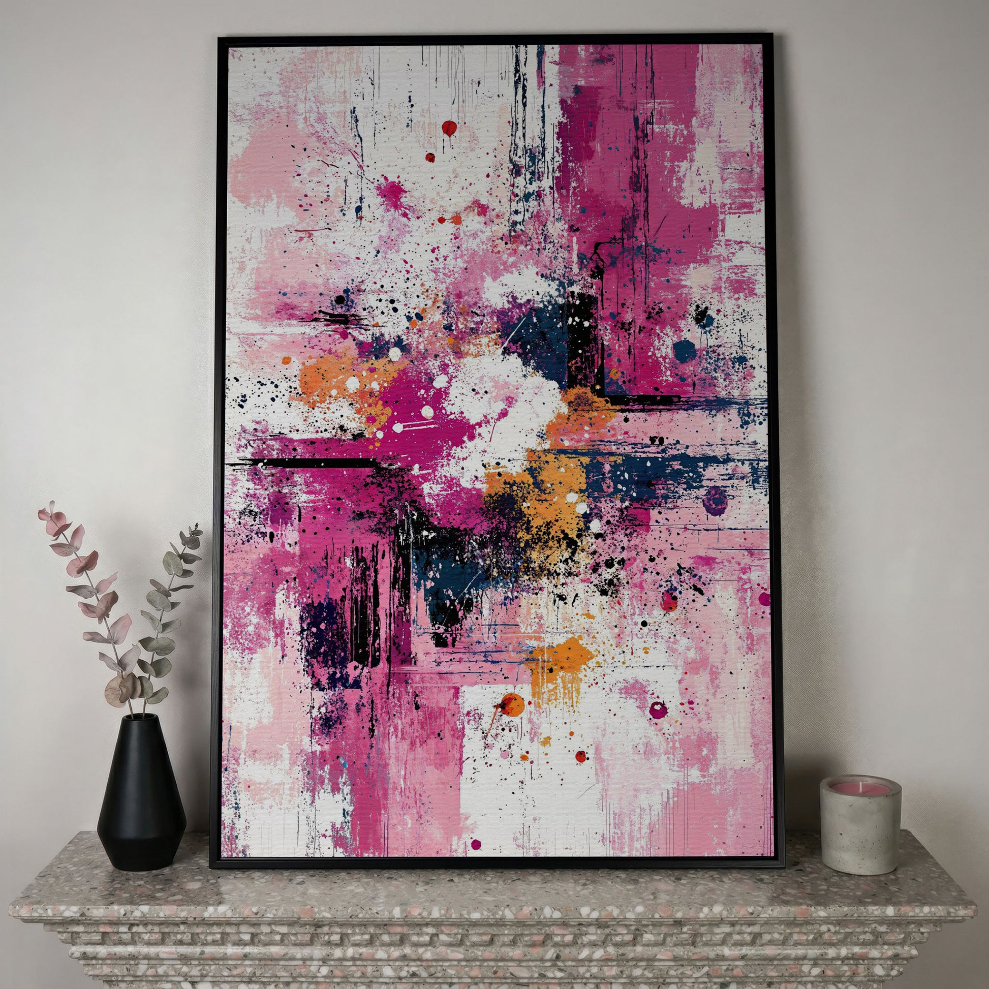 Pink Abstract Canvas with Layered Brushwork in black floating frame