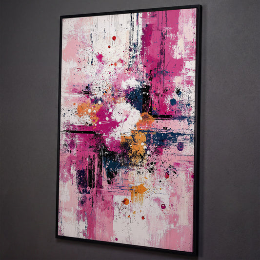 Pink Abstract Canvas with Layered Brushwork shown in black floating frame