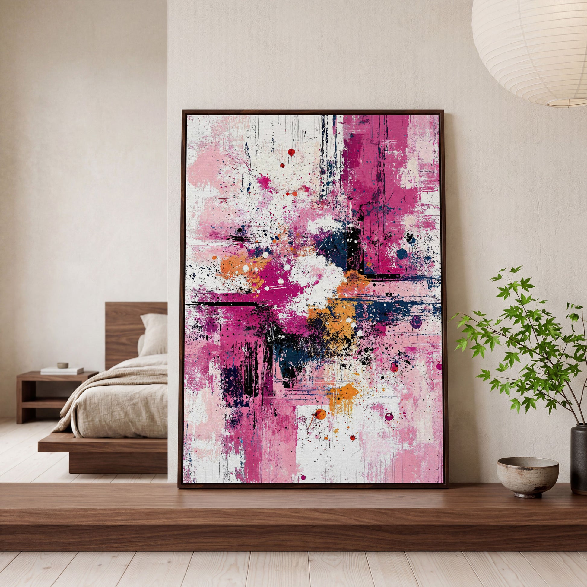 Pink Abstract Canvas with Layered Brushwork in dark walnut floating frame