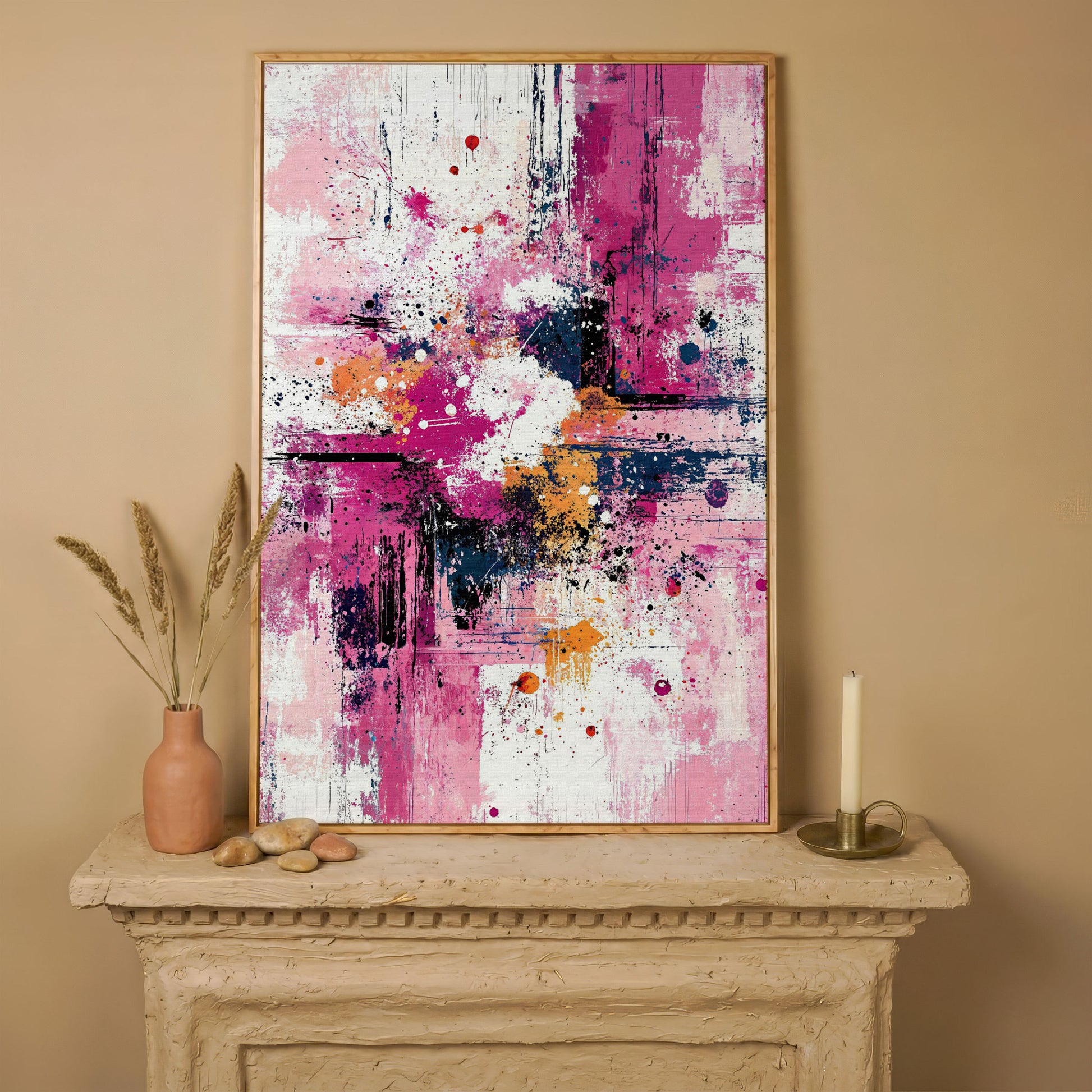 Pink Abstract Canvas with Layered Brushwork in white oak floating frame