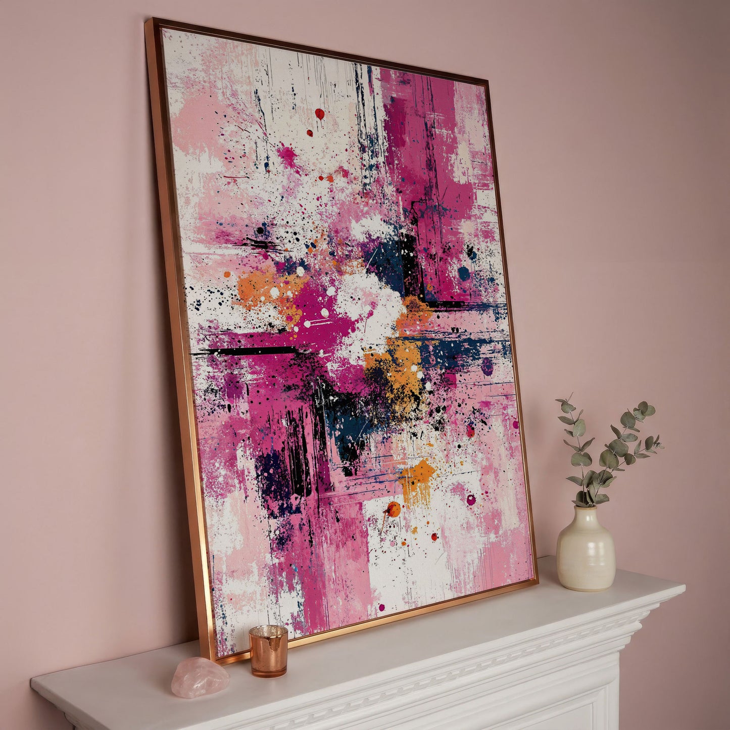 Pink Abstract Canvas with Layered Brushwork in rose gold floating frame