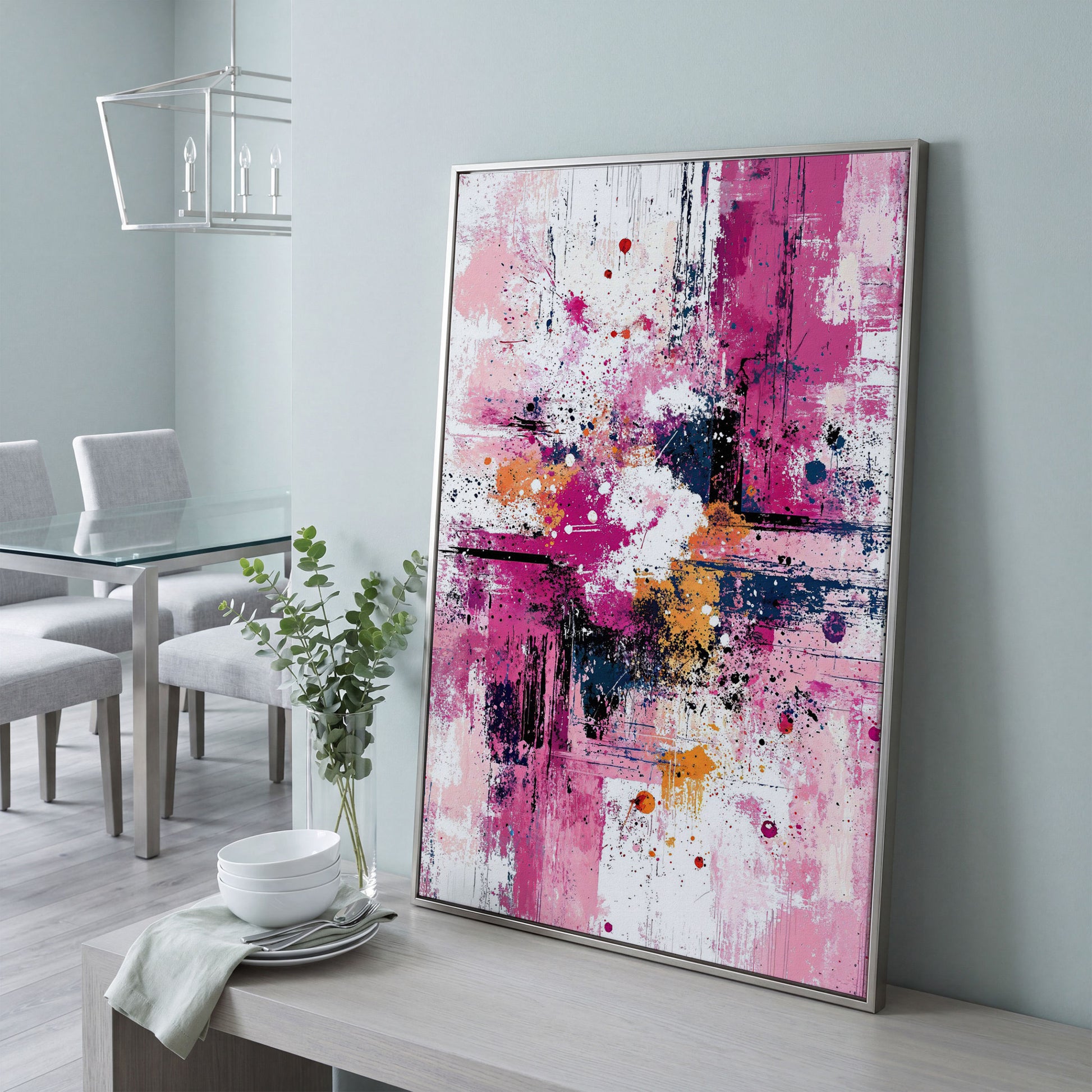 Pink Abstract Canvas with Layered Brushwork in silver floating frame