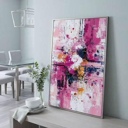 Pink Abstract Canvas with Layered Brushwork in silver floating frame