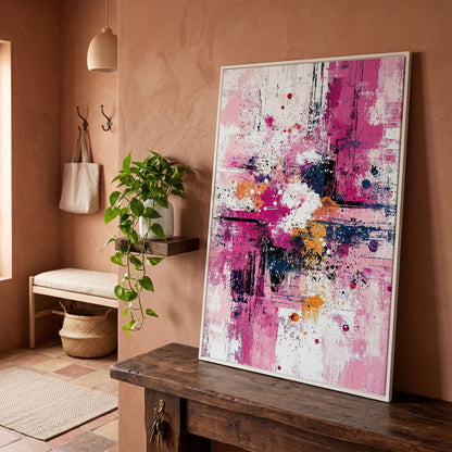 Pink Abstract Canvas with Layered Brushwork in white floating frame