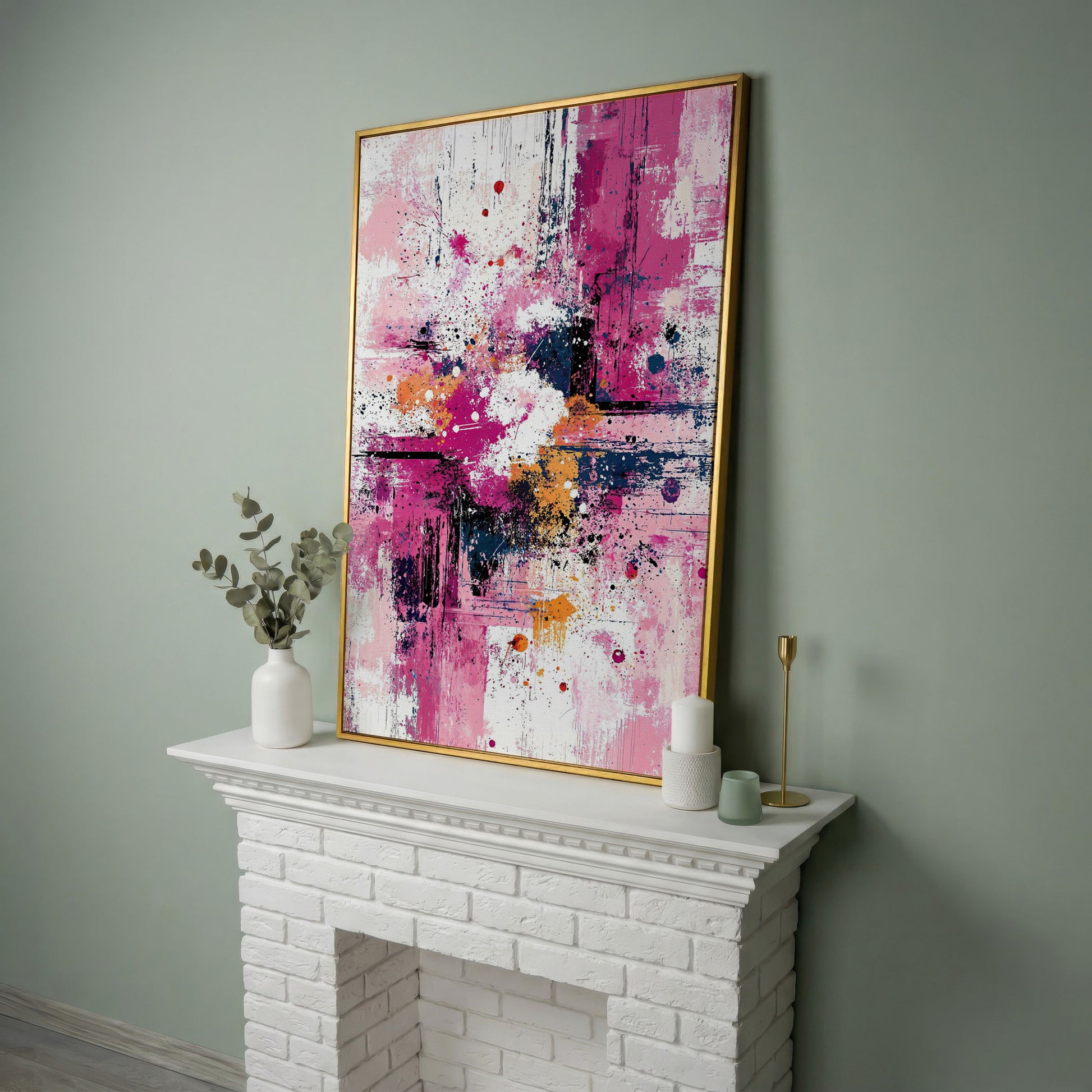 Pink Abstract Canvas with Layered Brushwork in yellow gold floating frame