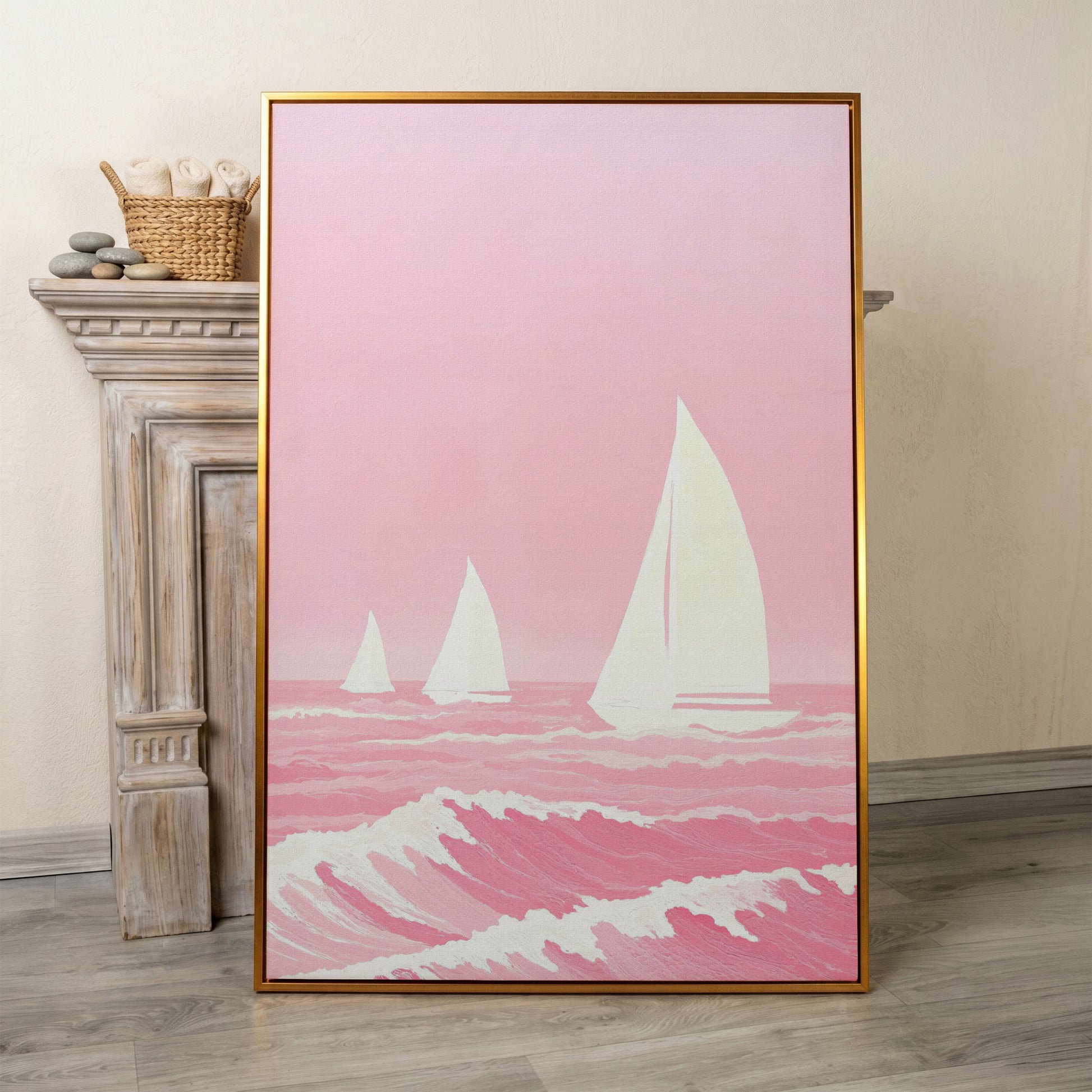 Pink Sailing at Sea Canvas in antique gold floating frame