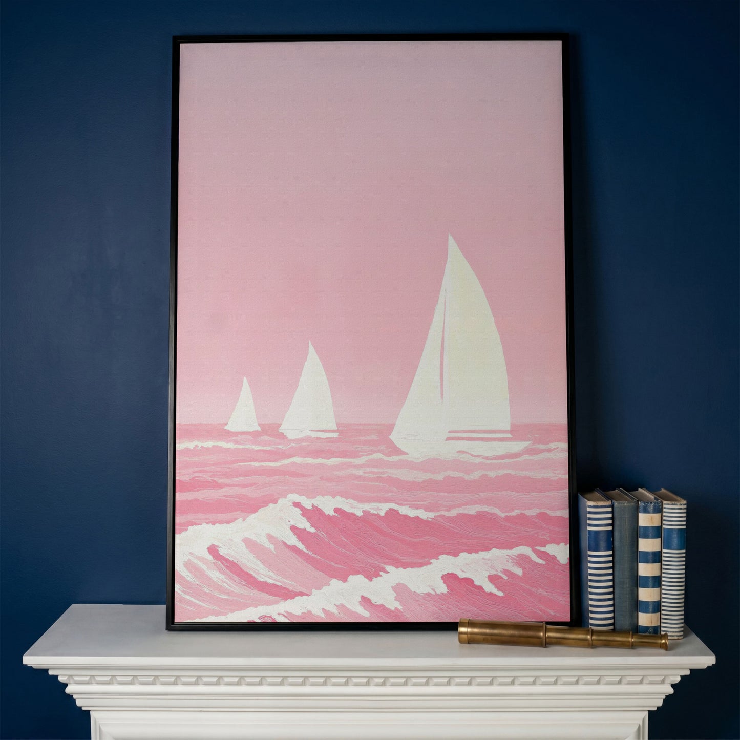 Pink Sailing at Sea Canvas in black floating frame