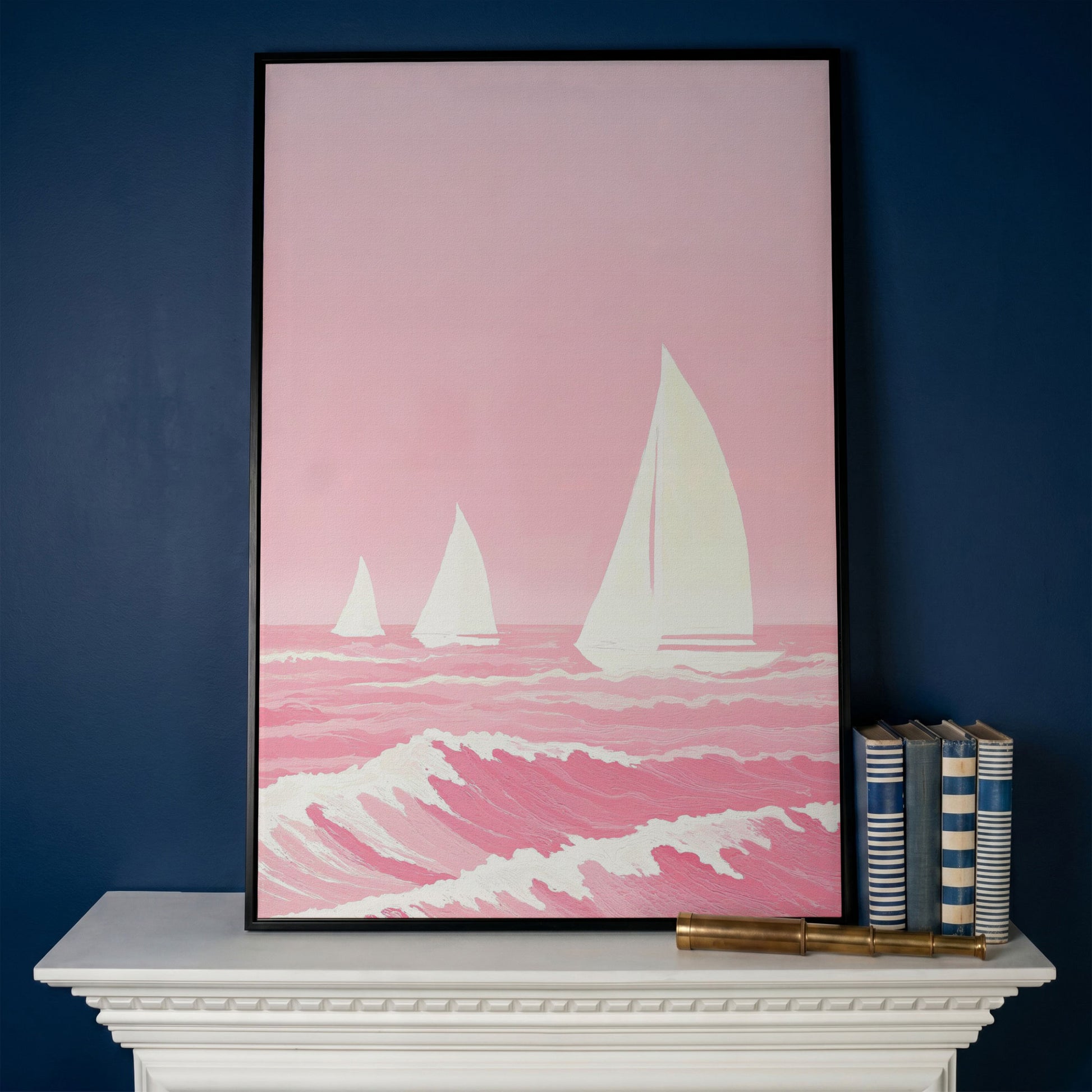 Pink Sailing at Sea Canvas in black floating frame
