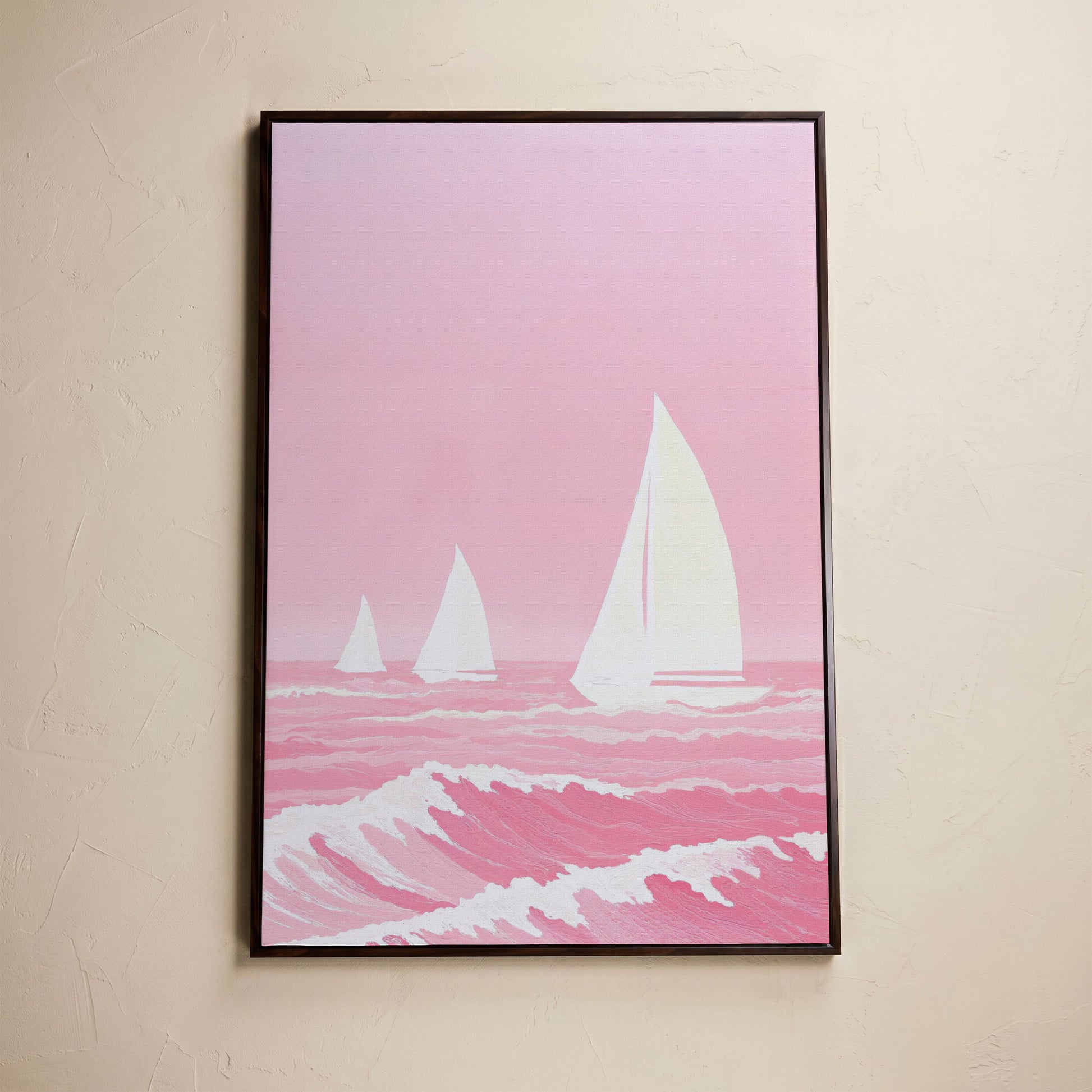 Pink Sailing at Sea Canvas in dark walnut floating frame
