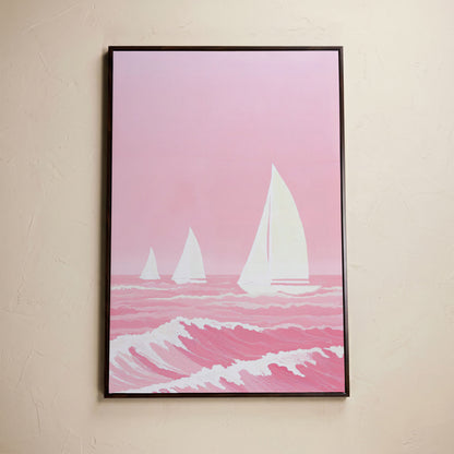 Pink Sailing at Sea Canvas in dark walnut floating frame