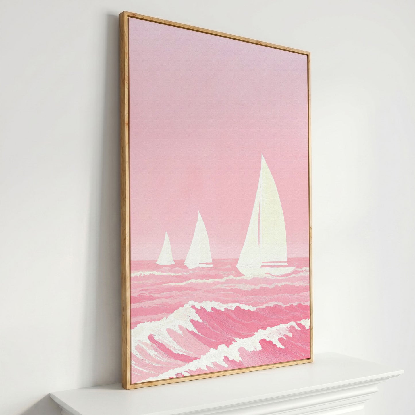 Pink Sailing at Sea Canvas in white oak floating frame