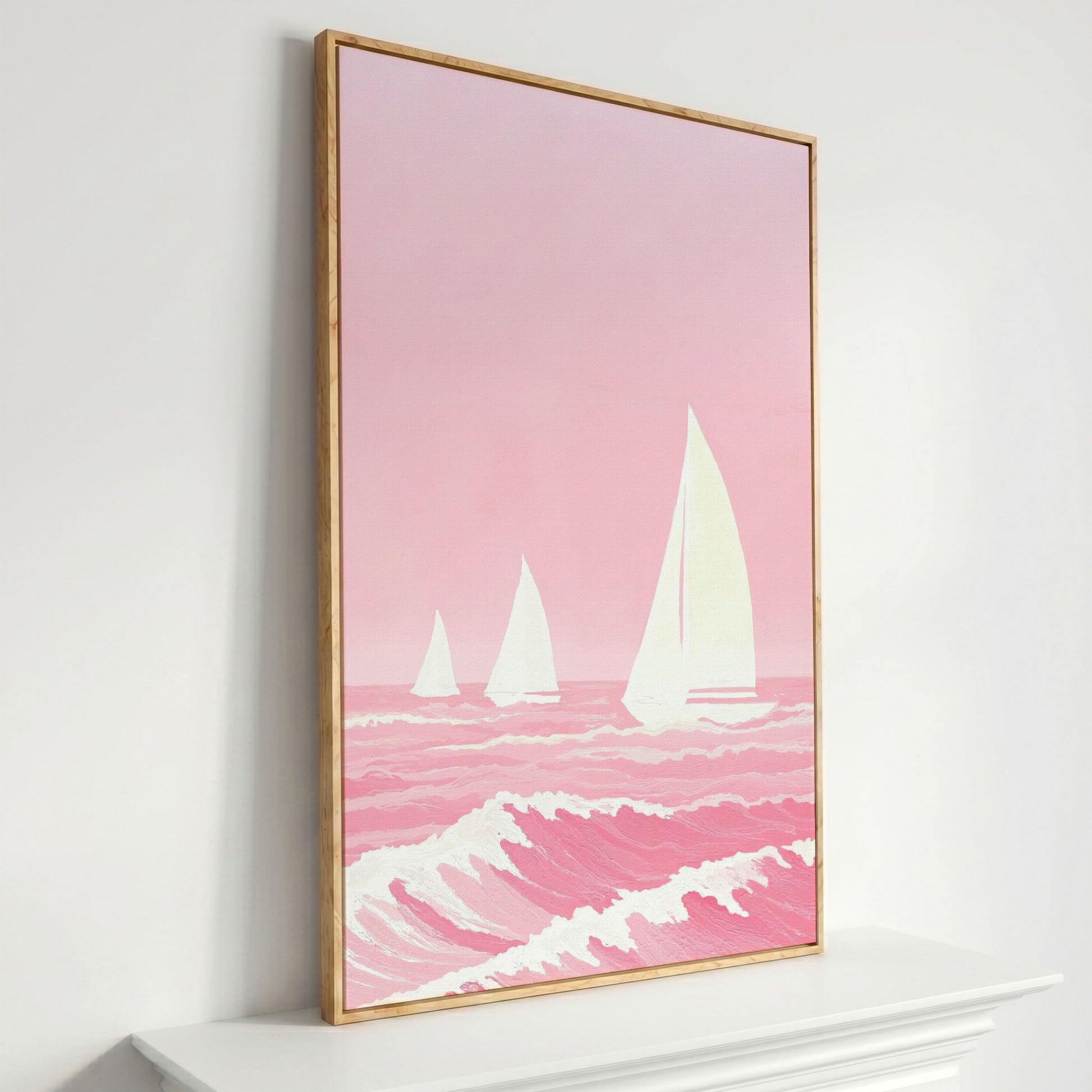 Pink Sailing at Sea Canvas in white oak floating frame