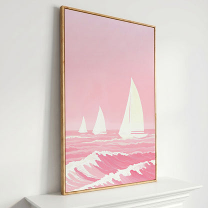 Pink Sailing at Sea Canvas in white oak floating frame