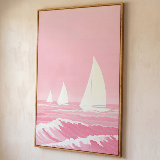 Pink Sailing at Sea Canvas shown in white oak floating frame