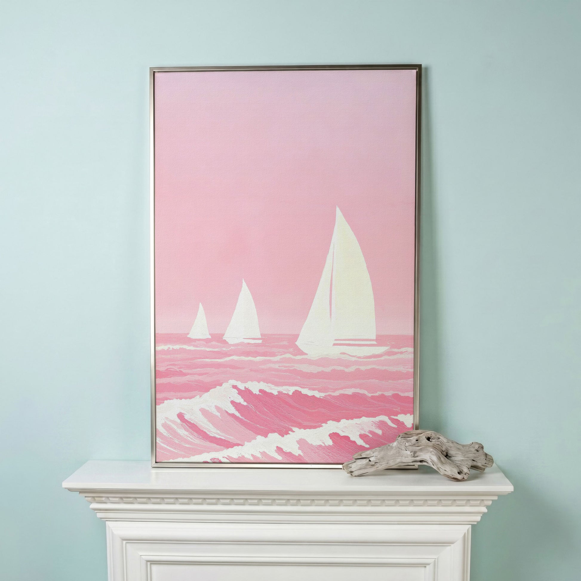 Pink Sailing at Sea Canvas in silver floating frame