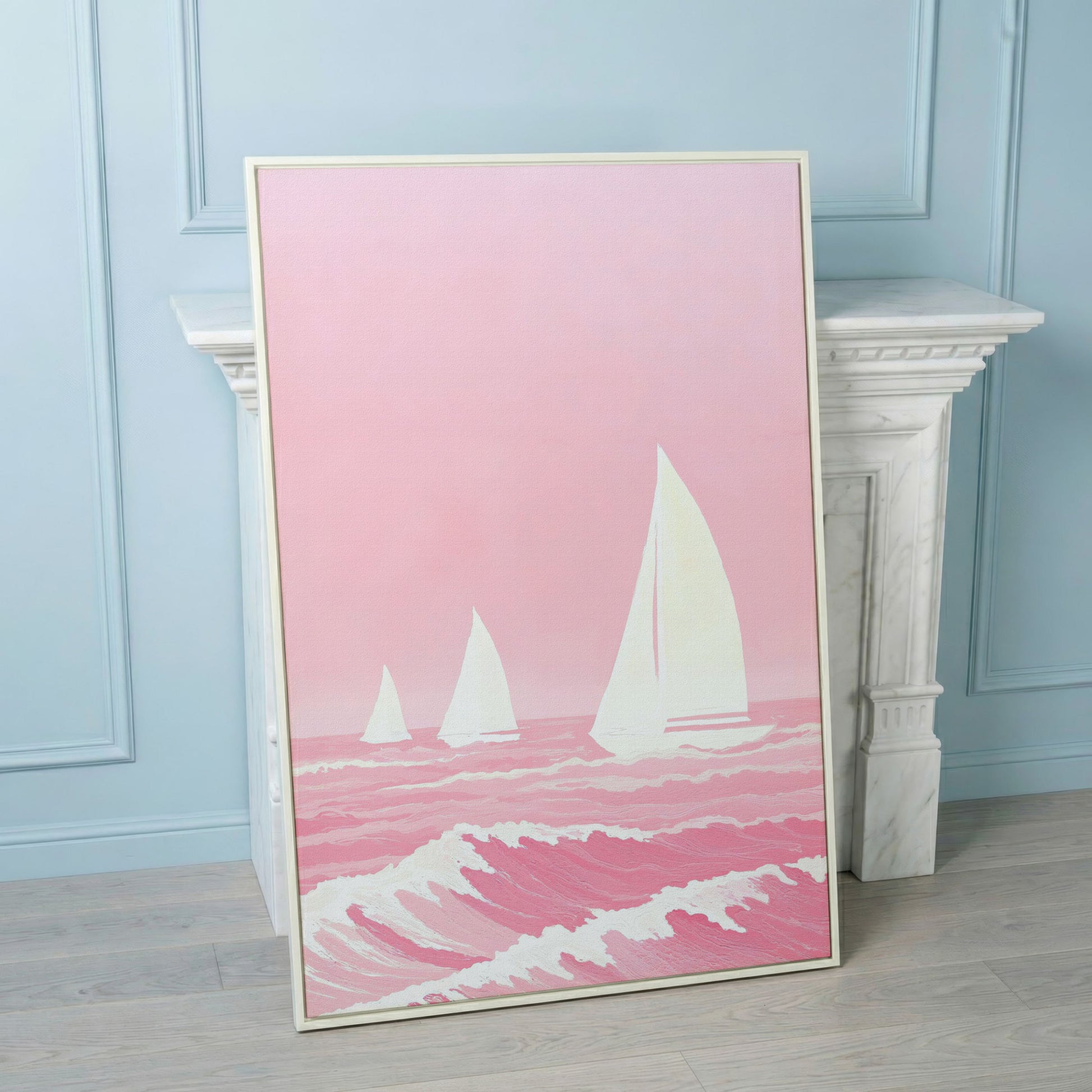 Pink Sailing at Sea Canvas in white floating frame