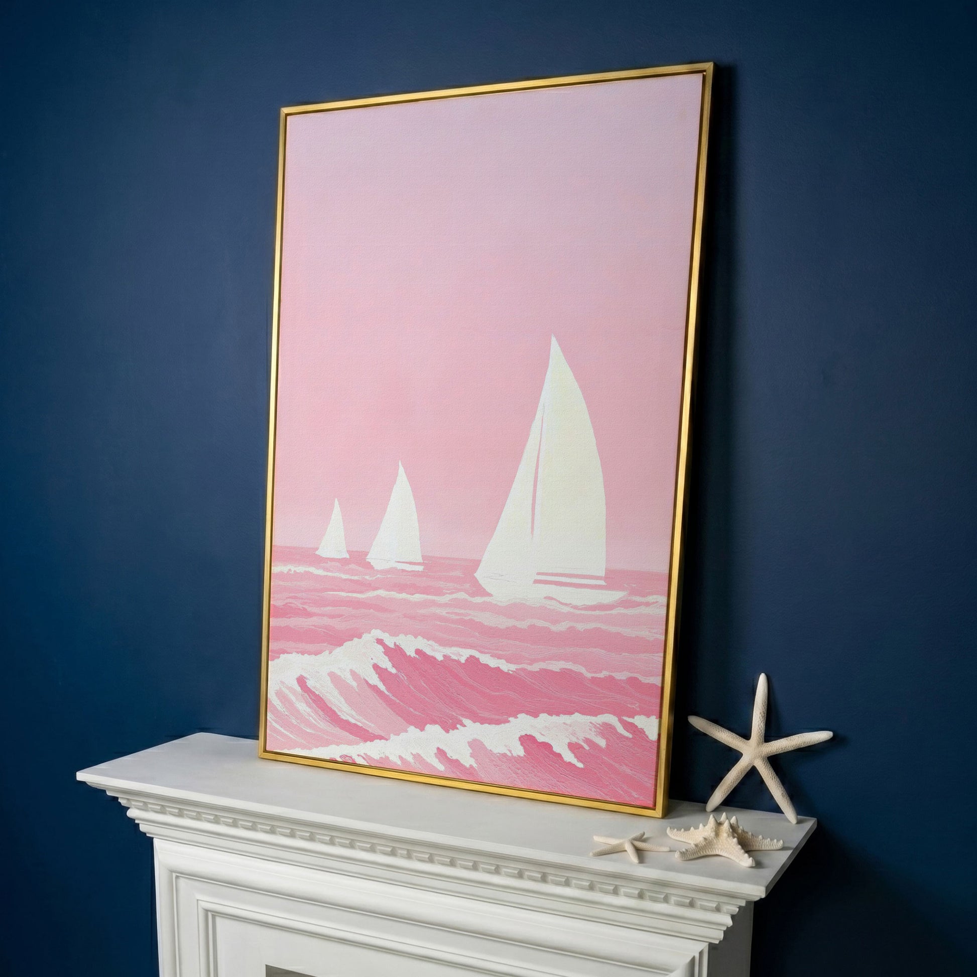 Pink Sailing at Sea Canvas in yellow gold floating frame