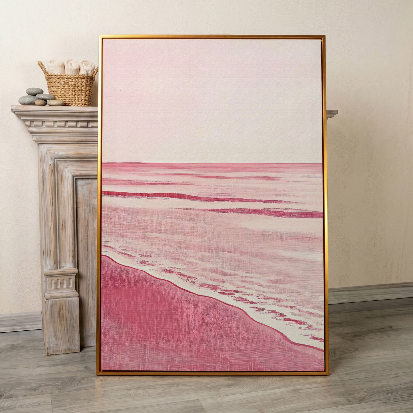 Abstract Pink Seascape Canvas Print in antique gold floating frame