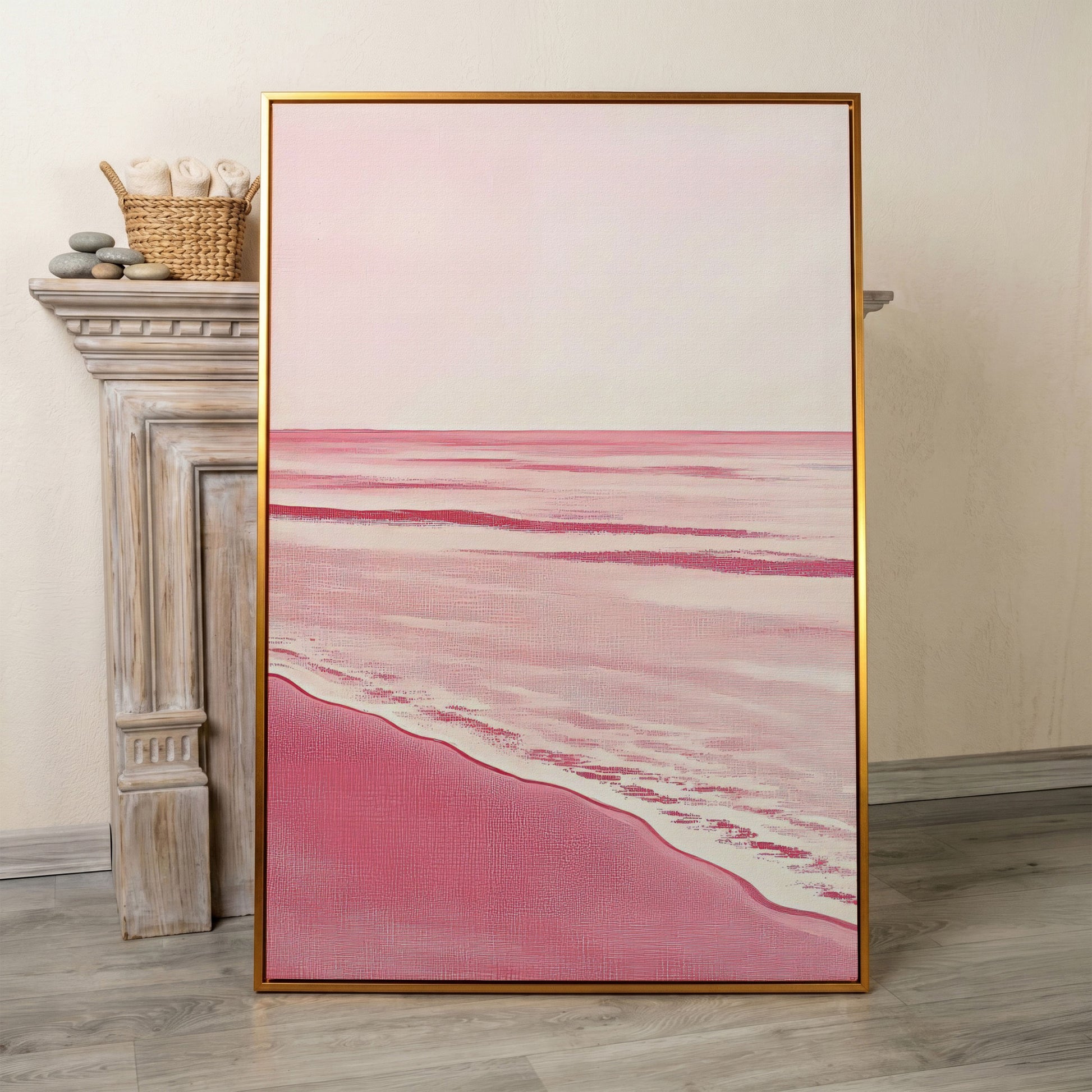 Abstract Pink Seascape Canvas Print in antique gold floating frame