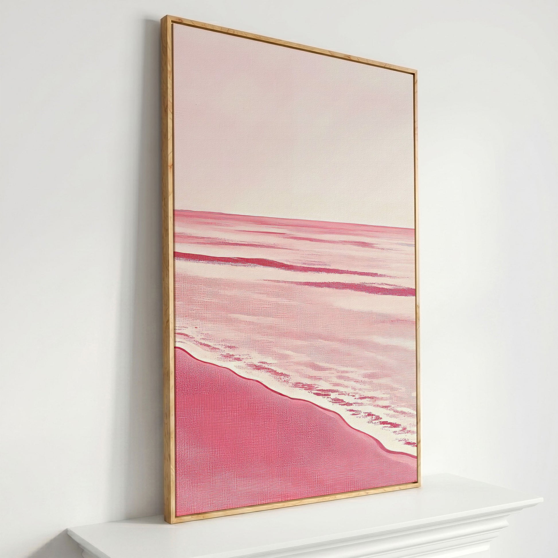 Abstract Pink Seascape Canvas Print in white oak floating frame