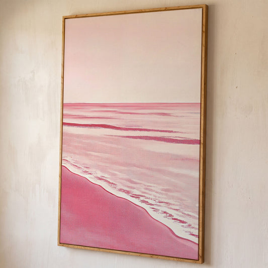 Abstract Pink Seascape Canvas Print shown in white oak floating frame