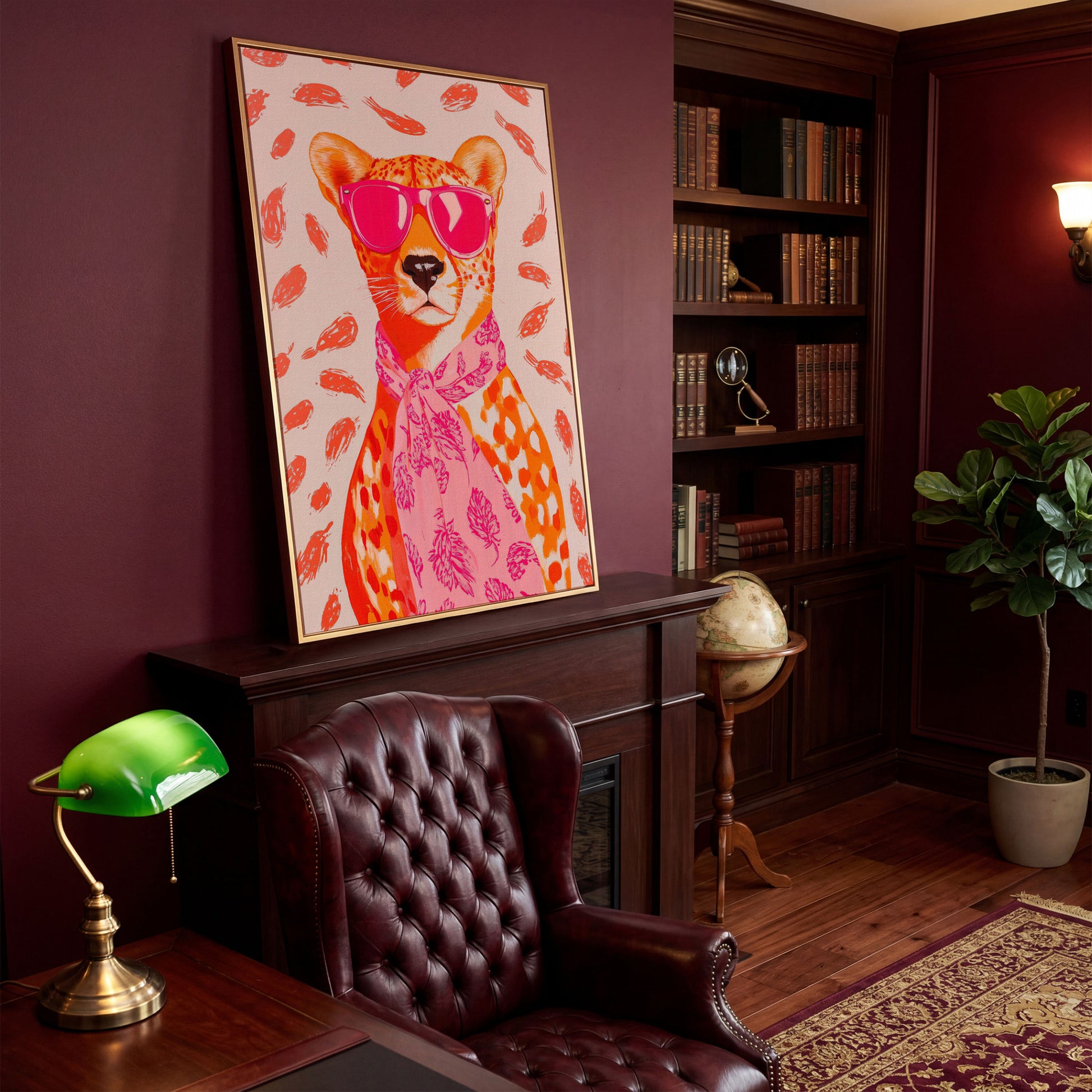 Pink Cheetah in Sunglasses Canvas Print in antique gold floating frame