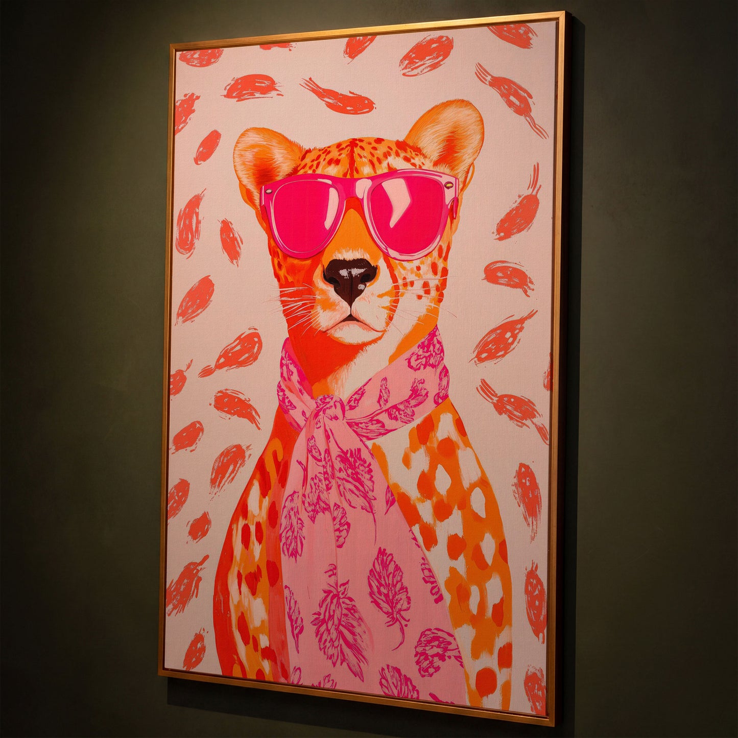Pink Cheetah in Sunglasses Canvas Print shown in antique gold floating frame