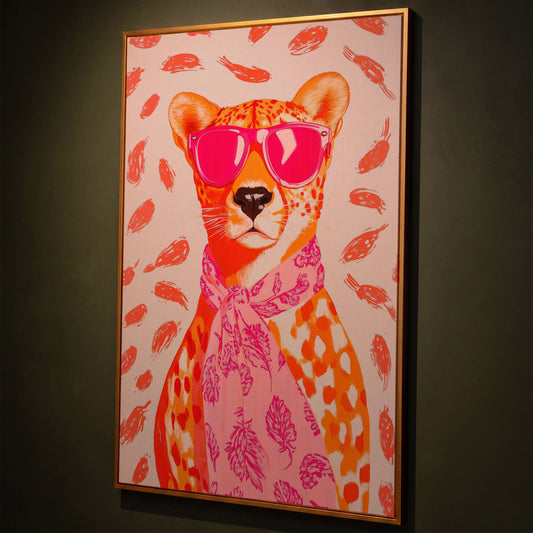 Pink Cheetah in Sunglasses Canvas Print shown in antique gold floating frame