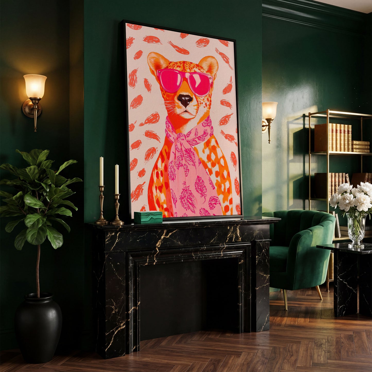 Pink Cheetah in Sunglasses Canvas Print in black floating frame