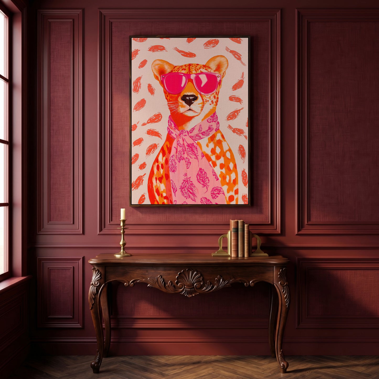 Pink Cheetah in Sunglasses Canvas Print in dark walnut floating frame