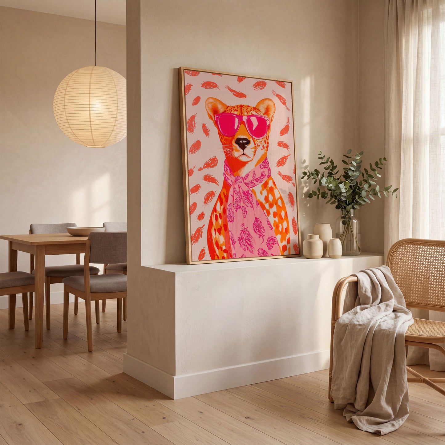 Pink Cheetah in Sunglasses Canvas Print in white oak floating frame