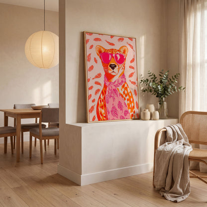 Pink Cheetah in Sunglasses Canvas Print in white oak floating frame