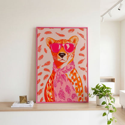 Pink Cheetah in Sunglasses Canvas Print in pink floating frame
