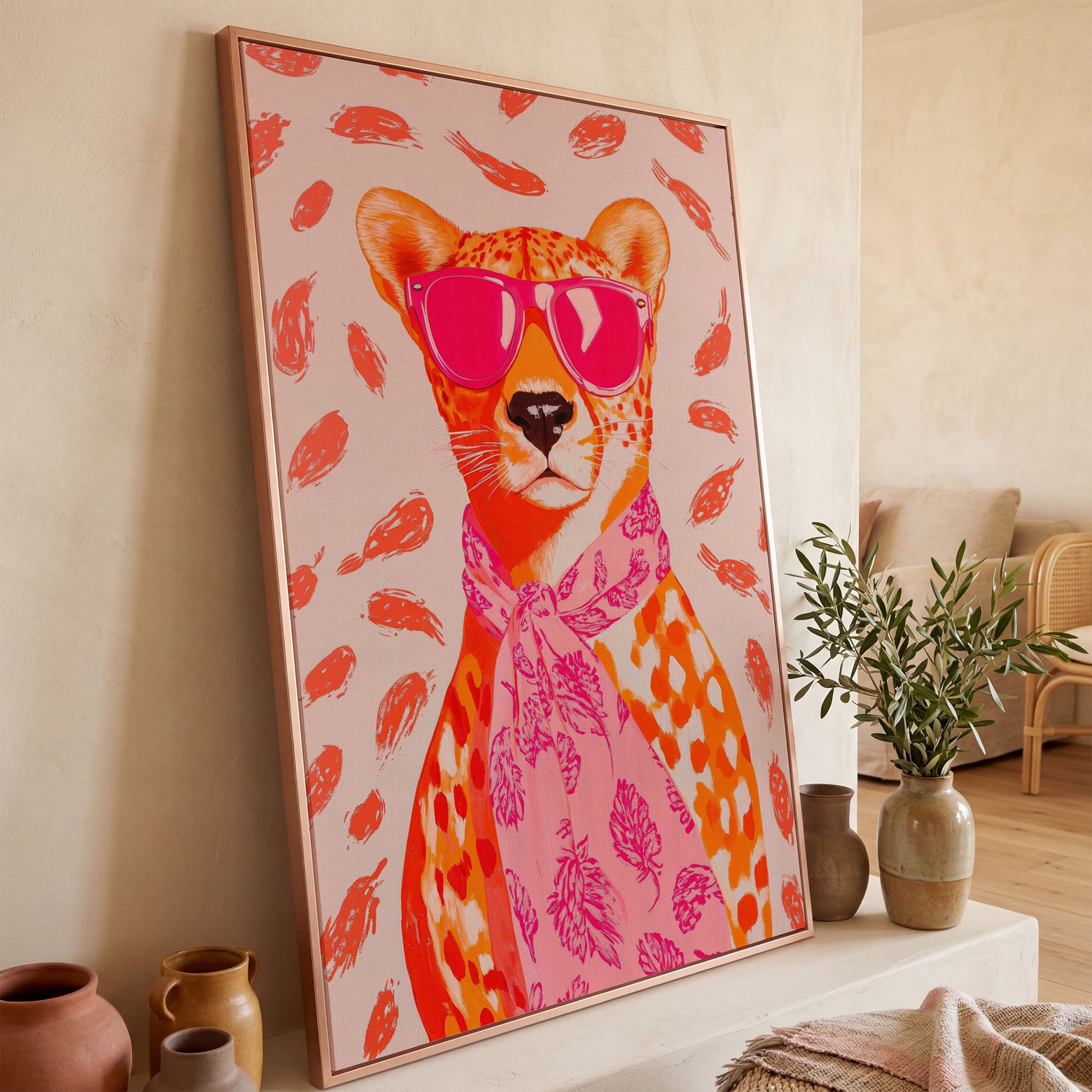 Pink Cheetah in Sunglasses Canvas Print in rose gold floating frame