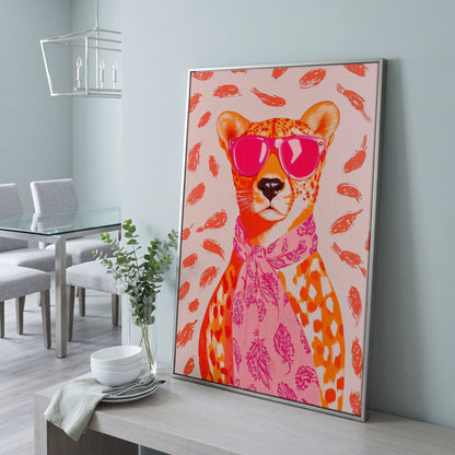 Pink Cheetah in Sunglasses Canvas Print in silver floating frame