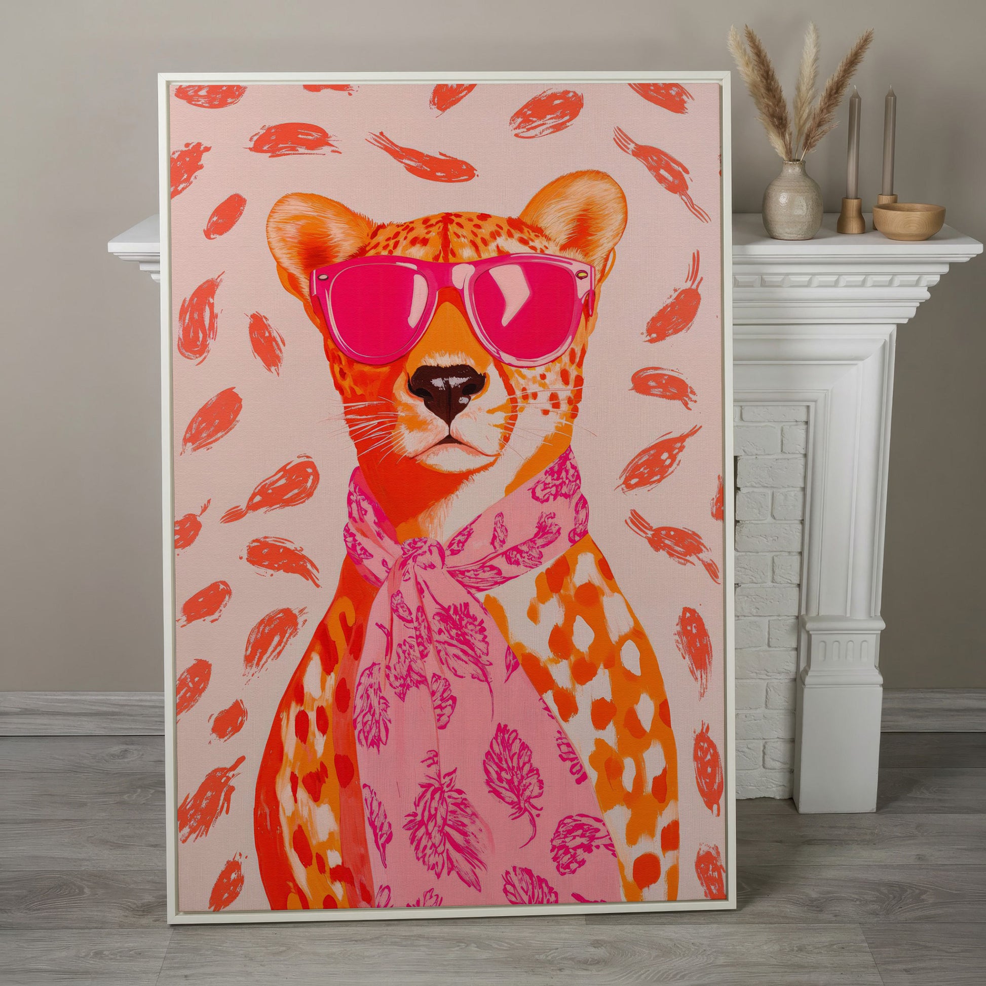 Pink Cheetah in Sunglasses Canvas Print in white floating frame